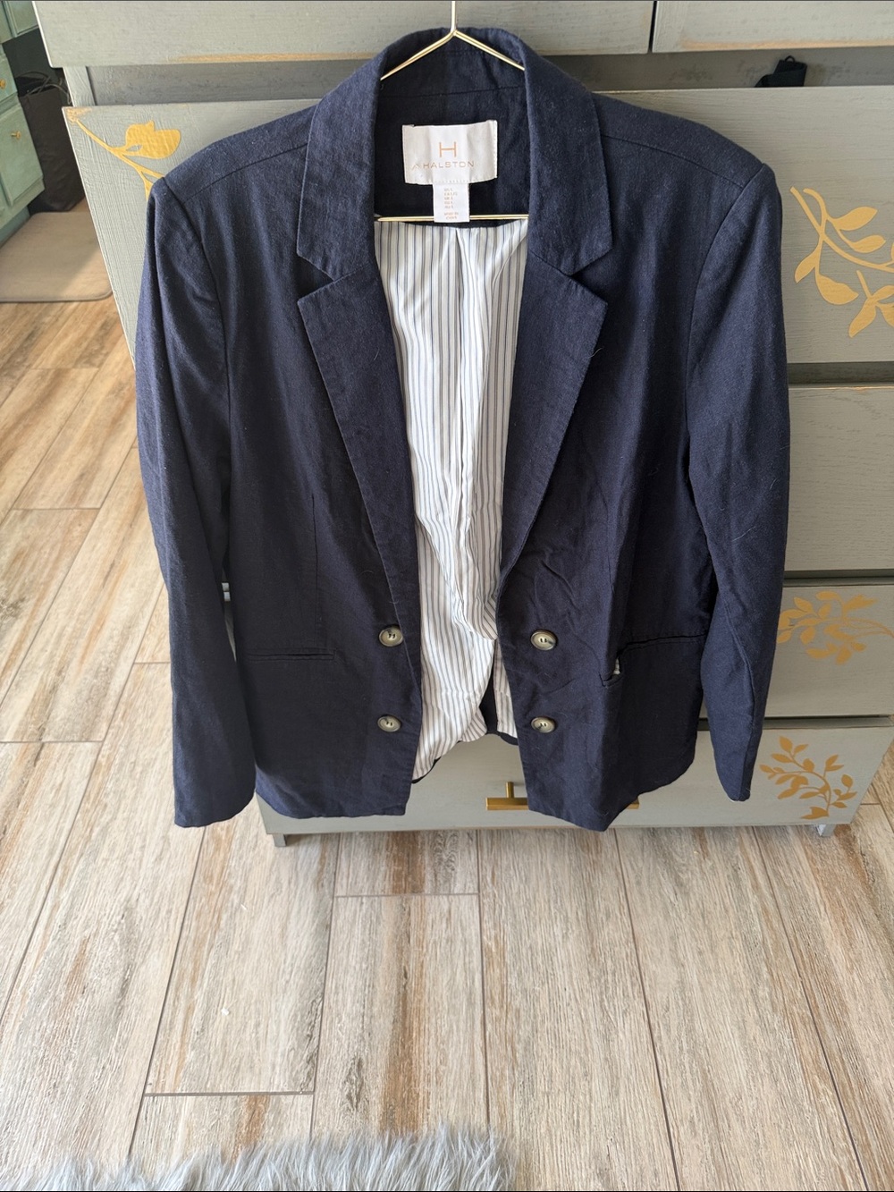 Halston Heritage Navy Double-Breasted Linen Blazer